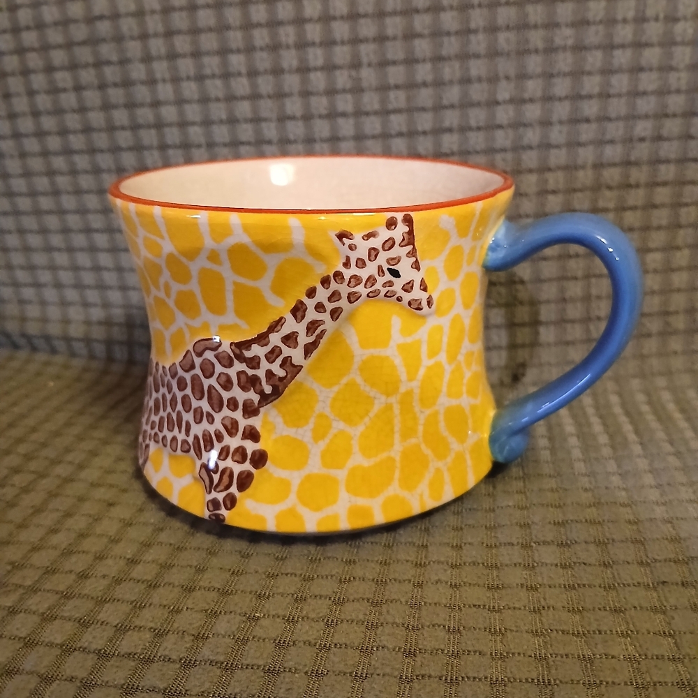 Pier 1 Mosiac Giraffe Patterned 8oz Mug w/Blue Handle (011526J)